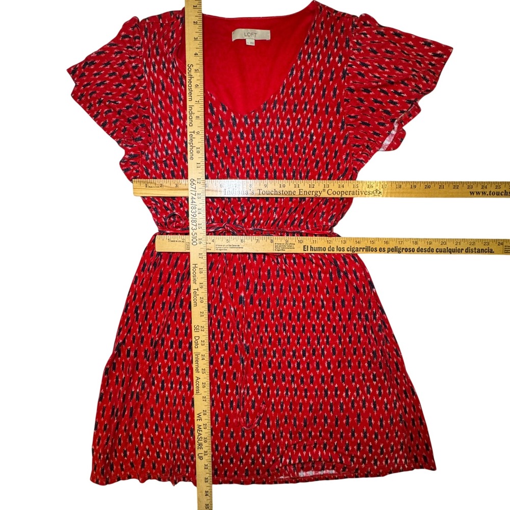 LOFT Red Ikat Print Flutter Sleeve V Neck Tie Waist‎ Dress Women's Size S - Picture 6 of 7
